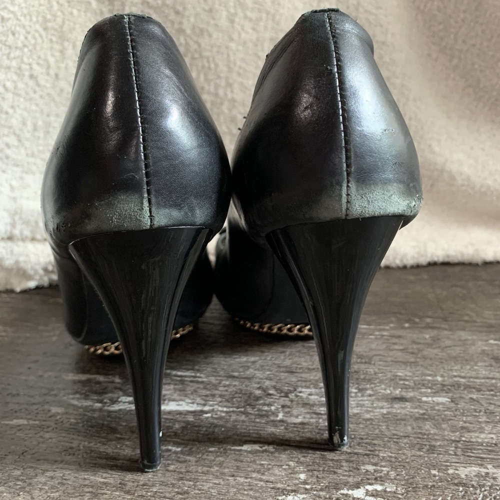 CHANEL Rare Black Lambskin Camellia Stiletto Chain Heel Size 40 - Picture 8 of 14